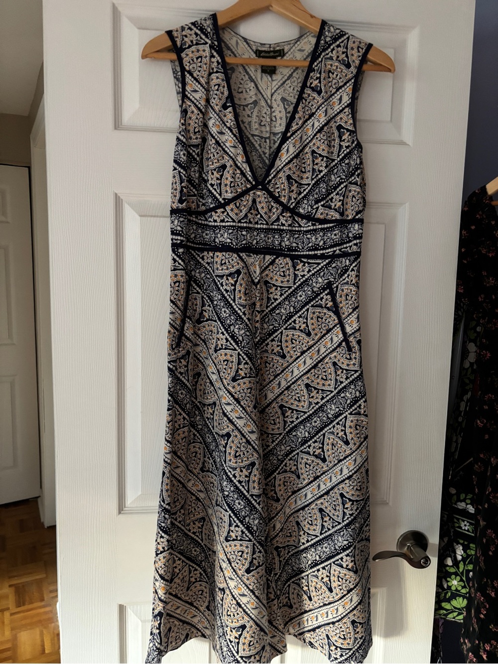 12. Eddie Bauer Navy and Cream Sleeveless V-Neck Maxi Dress